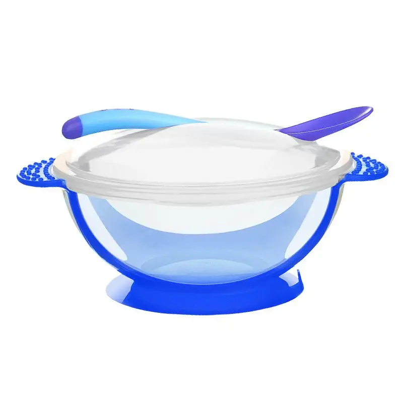 Bộ Chén Ăn Dặm Đế Silicone Chống Trượt Màu Xanh Kèm Muỗng Cảm Ứng Nhiệt