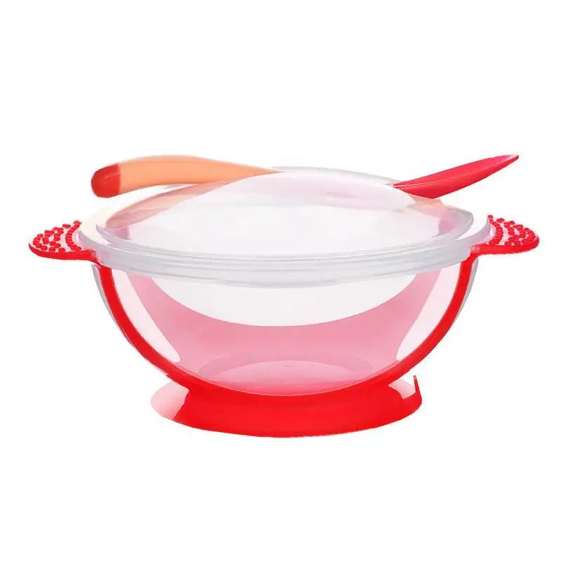 Bộ Chén Ăn Dặm Đế Silicone Chống Trượt Màu Đỏ Kèm Muỗng Cảm Ứng Nhiệt